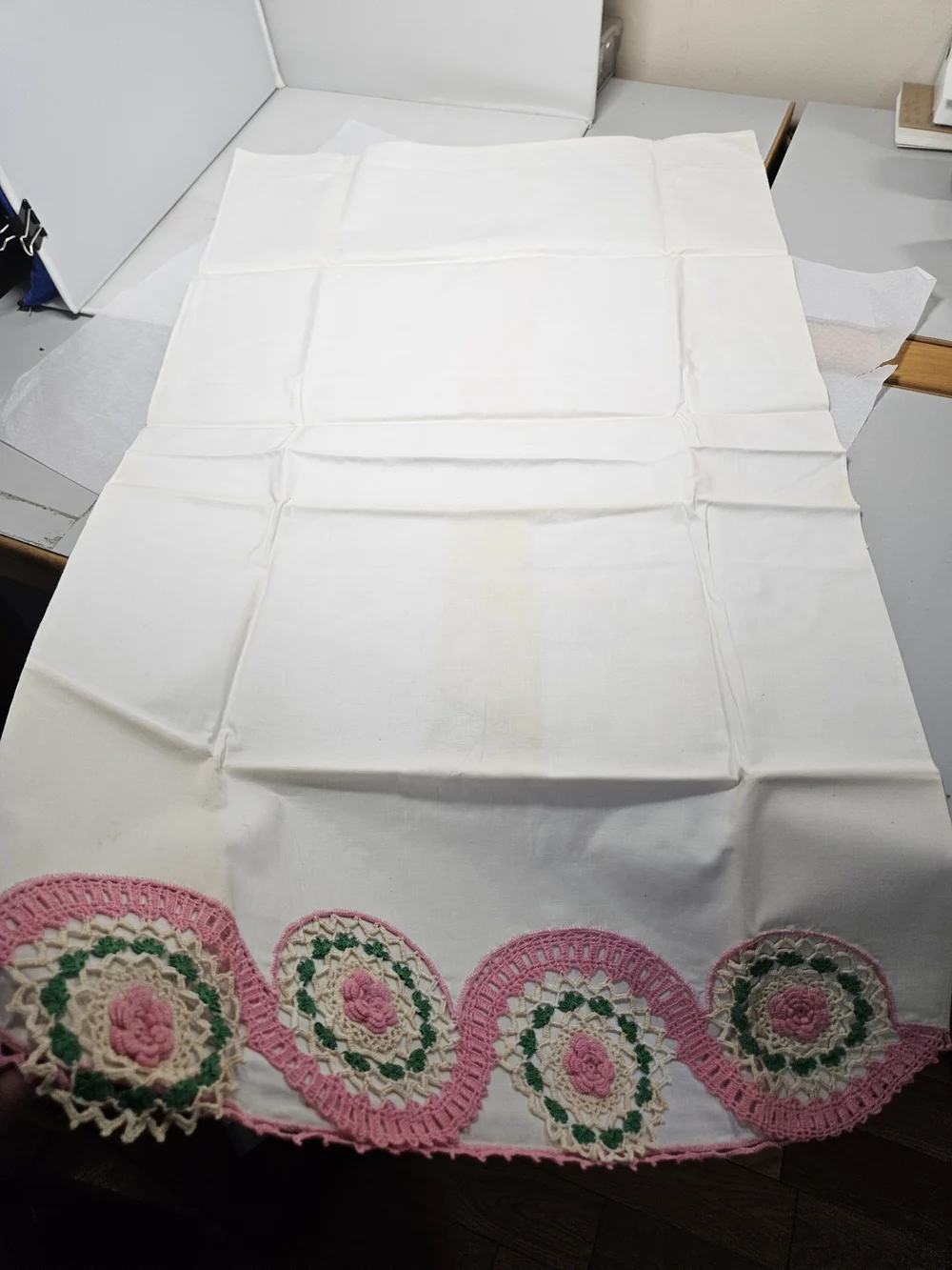Vintage Handmade White Pillowcases with Pink Crochet Rose Trim